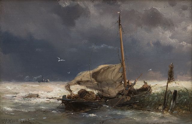 Koekkoek H.  | Fishing boat and steamer in a storm, oil on panel 10.7 x 16.0 cm, signed l.l. and VERKOCHT