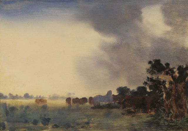 Jan Voerman sr. | Horses in a dark clouded landscape, oil on panel, 22.0 x 32.0 cm, signed l.r. with initials