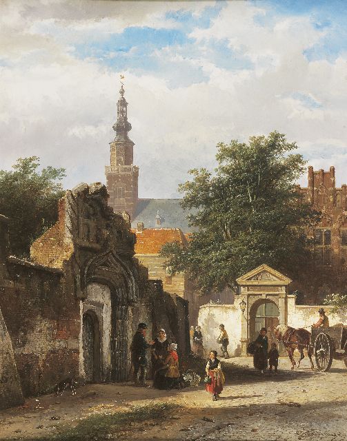 Springer C.  | At the entrance of the former St. Catharina convent in Brielle, oil on panel 49.1 x 38.6 cm, signed l.r. in full and l.l. with monogram and reverse and dated '55
