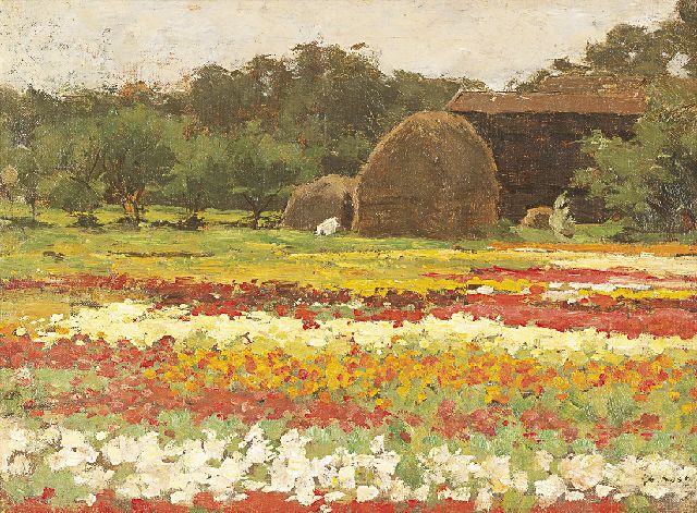 Koster A.L.  | Bulb fields, oil on canvas laid down on board 29.3 x 39.1 cm, signed l.r.