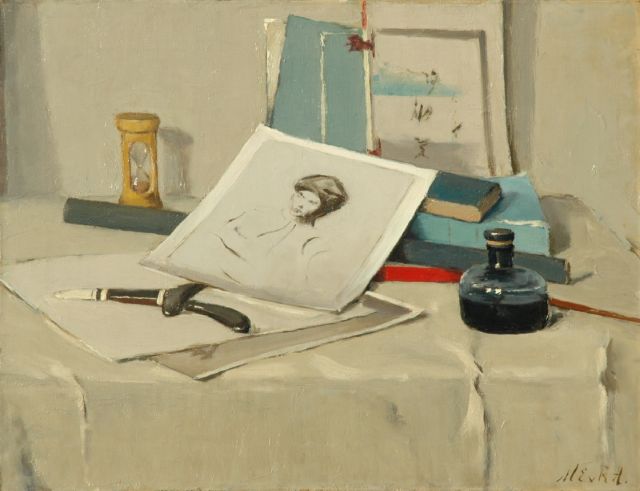 Regteren Altena M.E. van | Still life with a figure study, oil on canvas 46.1 x 60.0 cm, signed l.r. with initials and painted ca. 1915