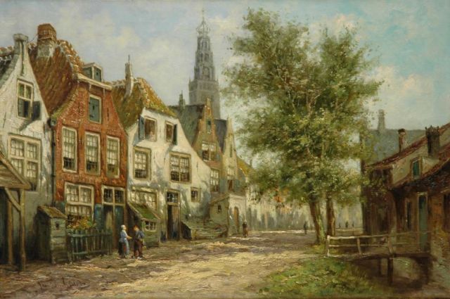 Laar J. van | Figures in a street, with the Bakenessekerk beyond, oil on canvas 40.2 x 60.3 cm, signed l.l. and on the reverse