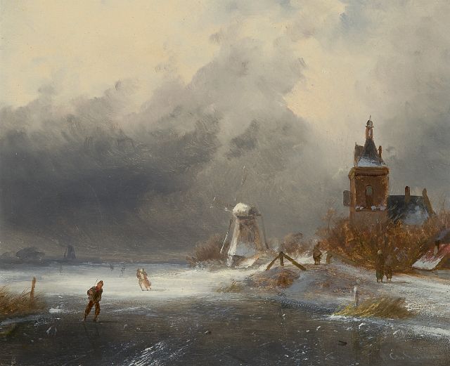 Leickert C.H.J.  | Skaters on a frozen waterway, oil on panel 18.5 x 22.5 cm, signed l.r.