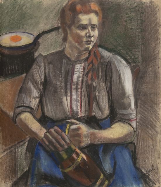 Piet van Wijngaerdt | Kitchen interior with a farm maid, charcoal and pastel on paper, 100.0 x 87.0 cm, signed l.r. and pained ca. 1921