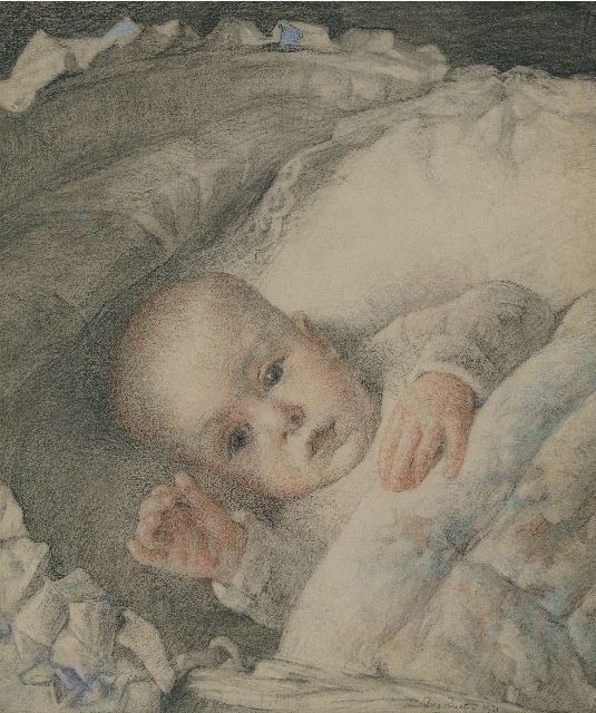 Georg Rueter | A portrait of Jan Peter Moes as a baby, coloured pencil and chalk on paper, 32.6 x 27.9 cm, signed l.r. and dated 1920