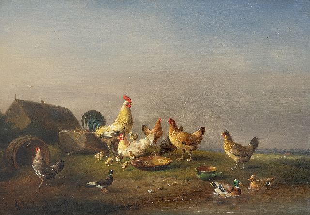 Severdonck F. van | Poultry and birds in an extensive landscape, oil on panel 17.8 x 26.0 cm, signed l.l. and painted 1886