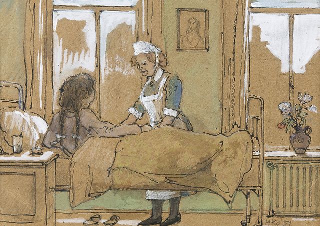 Harm Kamerlingh Onnes | In the hospital, pencil, pen and watercolour on paper, 20.3 x 28.9 cm, signed l.r. with monogram and dated '51