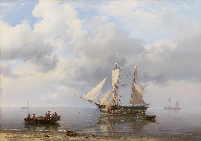 Koekkoek H.  | Loading the scooner at calm weather, oil on canvas 39.0 x 55.7 cm, signed l.l. and dated 1849