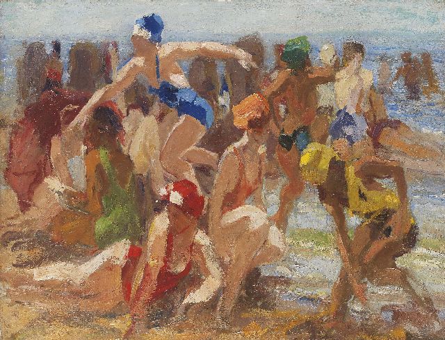 Vaarzon Morel W.F.A.I.  | Colourful bathers on the beach, oil on canvas 37.5 x 48.5 cm