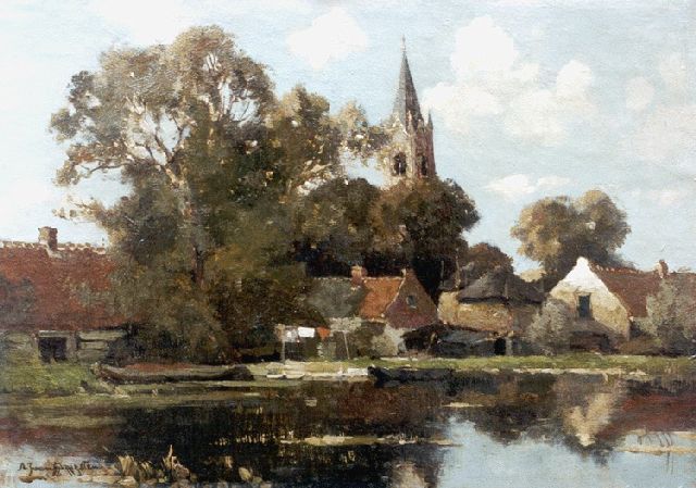 Driesten A.J. van | A view of Voorschoten, De Vliet in the foreground, oil on canvas laid down on panel 26.4 x 36.4 cm, signed l.l.