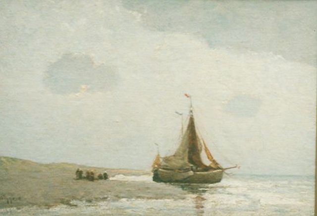 Derk Wiggers | A 'bomschuit' on the beach, oil on canvas, 46.2 x 65.5 cm, signed l.l.