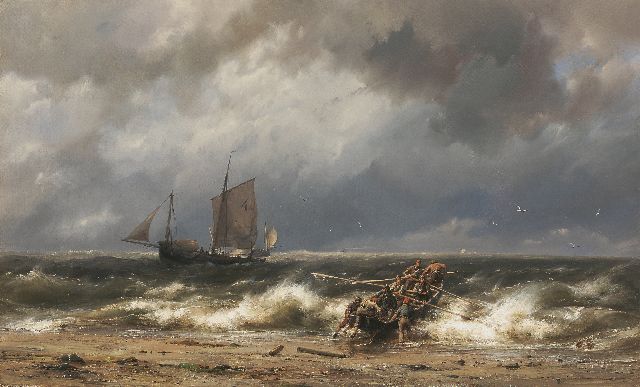 Koekkoek H.  | Sailing vessels off the coast in choppy seas, oil on canvas 46.1 x 76.6 cm, signed l.c.