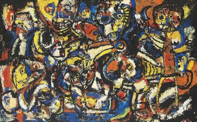 Romijn G.A.M.  | Compositie met figuren en dieren * zie bijz. *, olieverf op doek 60,2 x 99,8 cm, gesigneerd m.o. en 1950