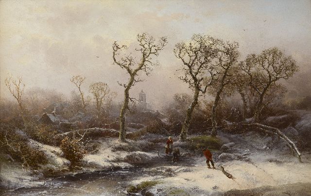 Pieter Kluyver | A winter landscape with wood gatherers, oil on panel, 30.8 x 47.6 cm, signed l.r.