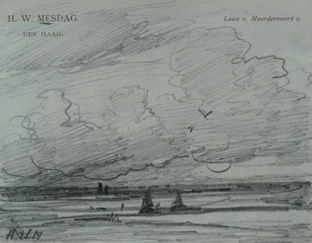 Mesdag H.W.  | A beach at sunset, pencil on paper 8.7 x 11.2 cm, signed l.l. with initials