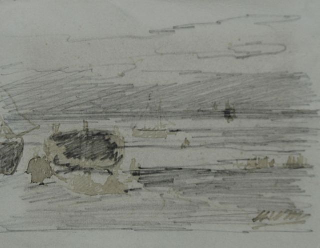 Mesdag H.W.  | Fisherfolk and barges, pencil, pen in brown ink on paper 8.7 x 11.2 cm, signed l.r. with initials