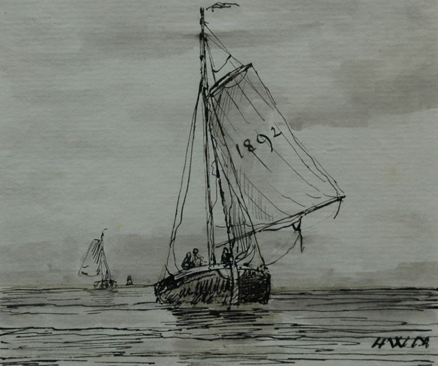 Mesdag H.W.  | A barge returning from sea, pen and brush in ink on paper 9.6 x 11.5 cm, signed l.r. with initials and dated 1892