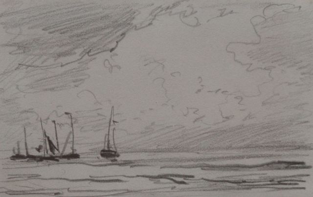 Mesdag H.W.  | Barges sailing out, pencil on paper 6.4 x 10.1 cm