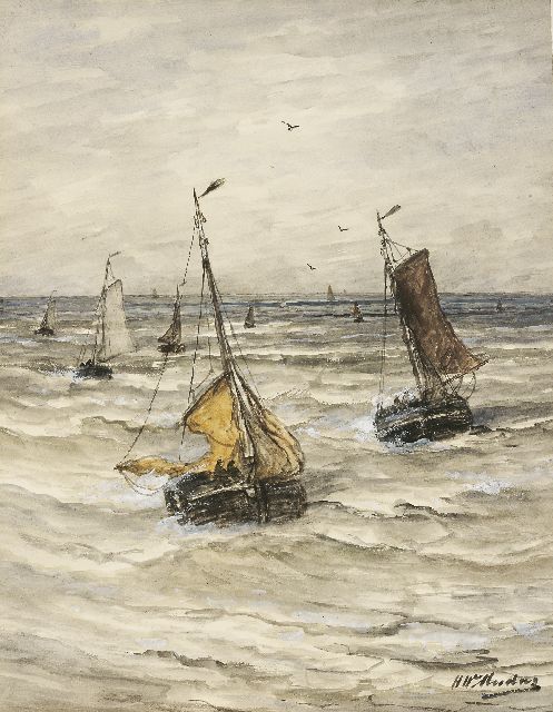 Mesdag H.W.  | Bringing in the catch, watercolour and gouache on paper laid down on paper 52.8 x 40.4 cm, signed l.r.