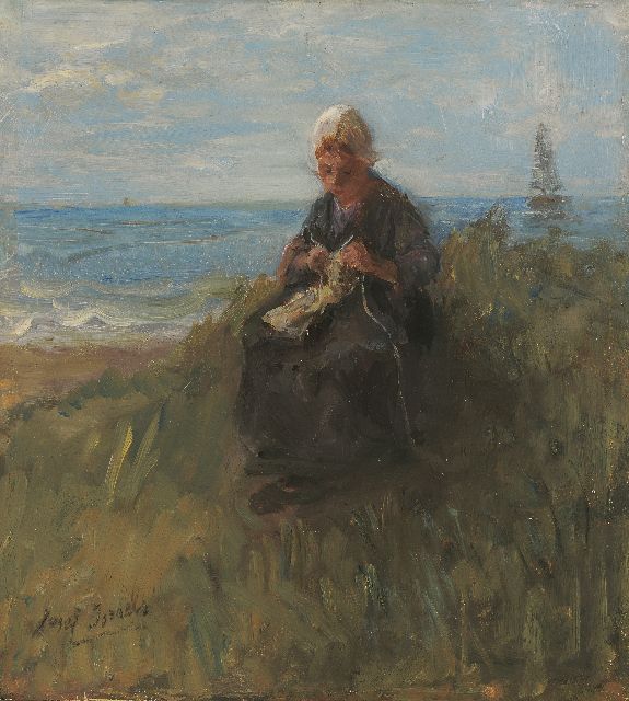 Israëls J.  | A knitting girl in the dunes, oil on panel 30.0 x 27.5 cm, signed l.l. and dated ca. 1900
