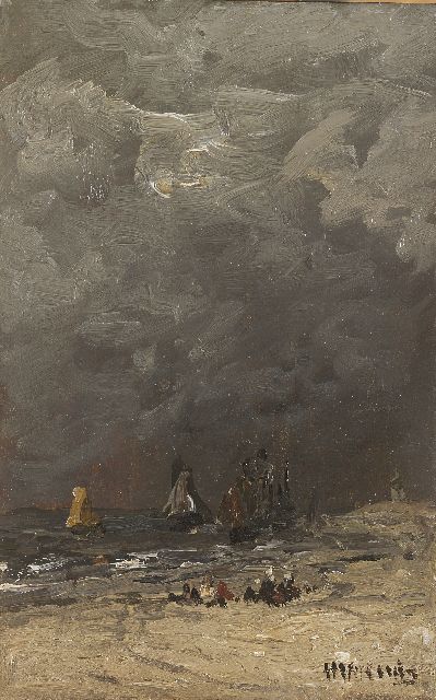 Mesdag H.W.  | Awaiting the return of the fishing fleet, oil on panel 24.7 x 15.7 cm, signed l.r.