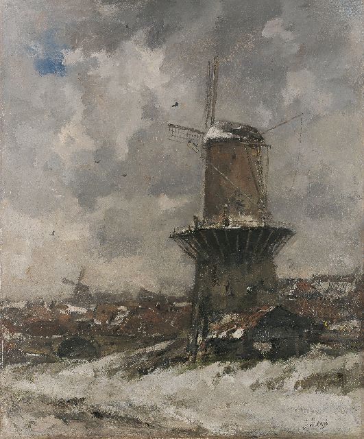 Maris J.H.  | A windmill in a winter landscape, oil on canvas 111.0 x 93.0 cm, signed l.r. and painted 1890