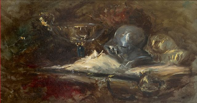 Vollon A.  | Still life with helmet and sword, oil on panel 22.3 x 41.8 cm, signed l.l.