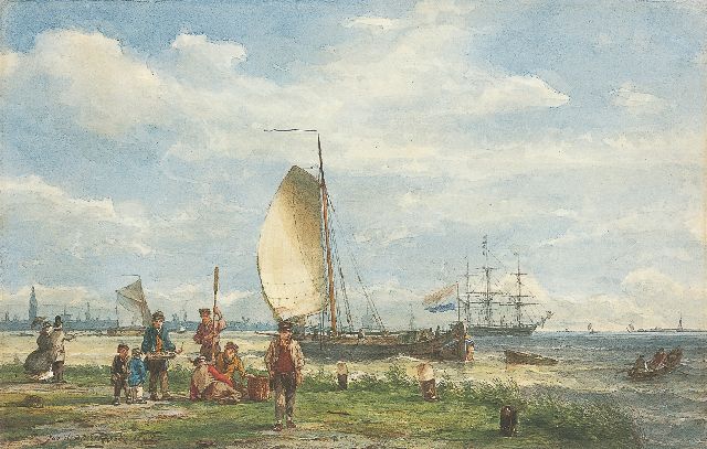 Koekkoek J.H.B.  | Sailing vessels on the river IJ near Amsterdam, watercolour on paper 22.0 x 34.0 cm, signed l.l. and dated 1865