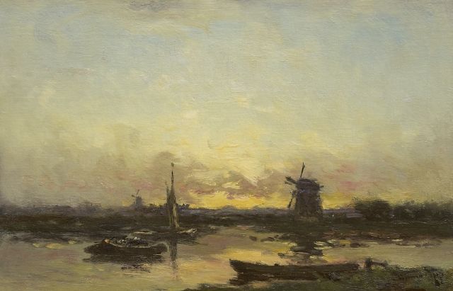 Willem Rip | Windmills and barges at sunset, oil on canvas, 36.9 x 55.5 cm, signed l.r.