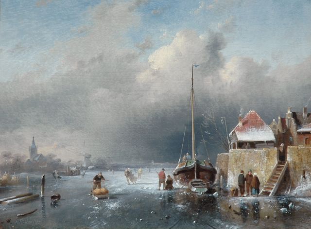 Leickert C.H.J.  | Skaters on a Dutch waterway, an approaching blizzard in the distance, oil on panel 24.2 x 31.2 cm, signed l.l. and dated '64