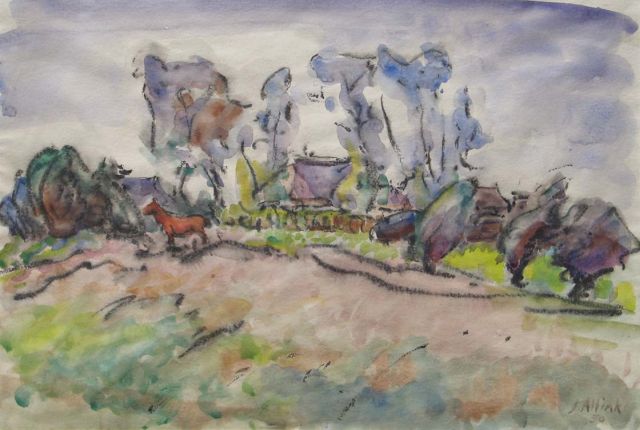 Altink J.  | Horse on a farmyard, black chalk and watercolour on paper 36.5 x 54.0 cm, signed l.r. and dated '50