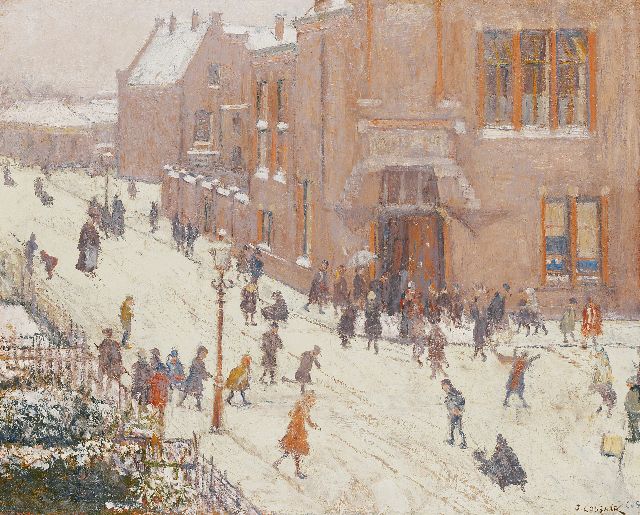 Ko Cossaar | Winter fun at the Christian Mulo at the Helmstraat, Scheveningen, oil on canvas, 52.3 x 66.2 cm, signed twice l.r. and dated '36