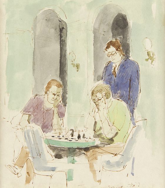 Harm Kamerlingh Onnes | The Chessplayers, pen, brown ink and watercolour on paper, 17.4 x 15.8 cm, signed l.r. with monogram and dated '73