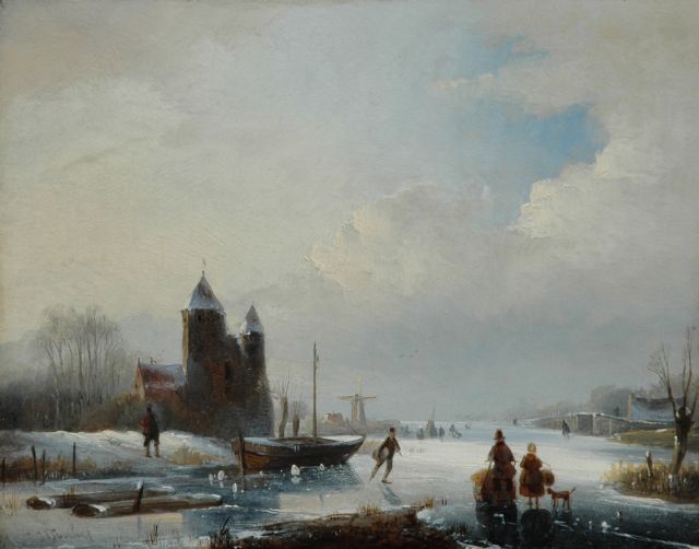 Spohler J.J.  | A winter landscape with skaters, oil on panel 20.5 x 26.2 cm, signed l.l.
