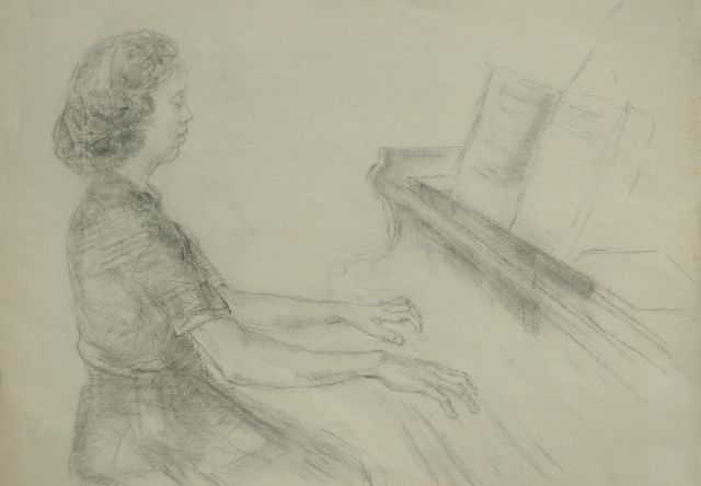 Neuburger E.  | Woman playing the piano, sketch, charcoal on paper 55.8 x 76.8 cm