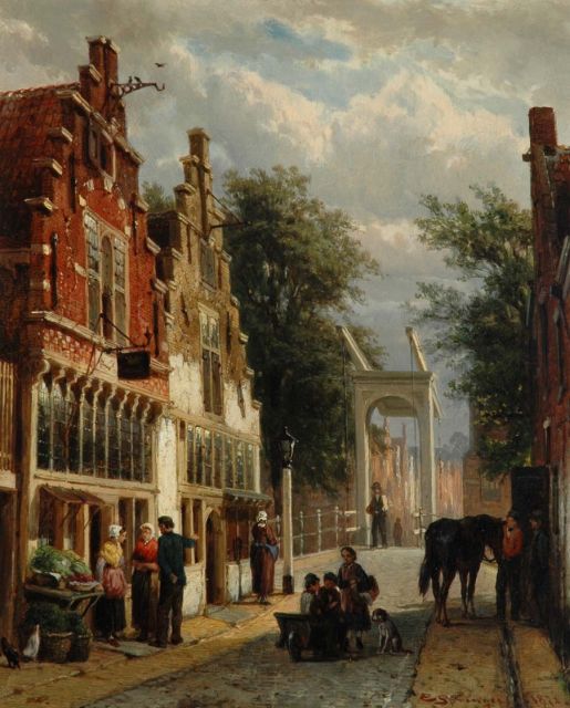 Springer C.  | Dutch sunny street scene in Alkmaar, oil on panel 30.1 x 24.7 cm, signed l.r. and verso and dated 1872