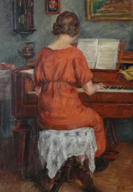 Mirtschin K.  | Playing the piano, oil on canvas 64.0 x 45.2 cm, signed l.r. with monogram