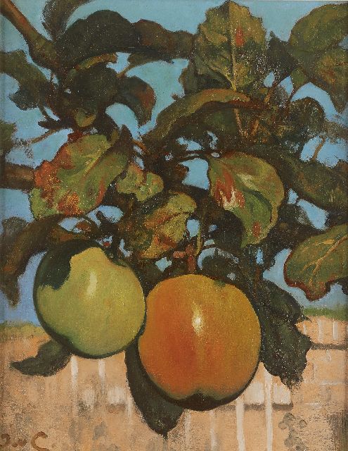Looy J. van | Twee appels aan tak voor de tuinmuur, olieverf op paneel 37,1 x 29,2 cm, gesigneerd l.o. met initialen