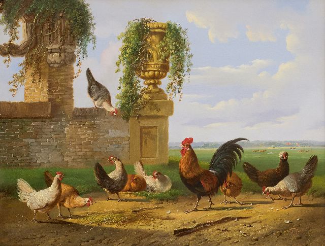 Albertus Verhoesen | Poultry in a Dutch landscape, oil on panel, 39.2 x 51.1 cm, signed l.r.