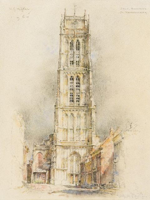 Hofker W.G.  | A view of the Sint-Maartenskerk, Zaltbommel, black and coloured chalk on paper 43.2 x 33.0 cm, signed u.l. and l.r. and dated 1960