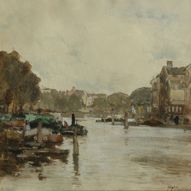 Mastenbroek J.H. van | Moored boats in a canal in a Dutch town, watercolour on paper 25.5 x 25.5 cm, signed l.r. and dated Sept. '99