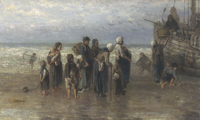 Israëls J.  | Unloading the catch, oil on canvas 43.0 x 70.5 cm, signed l.l.