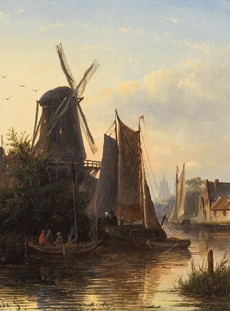Spohler J.J.C.  | Moored sailing boats near a mill, oil on panel 22.0 x 17.0 cm, signed l.l. with initials
