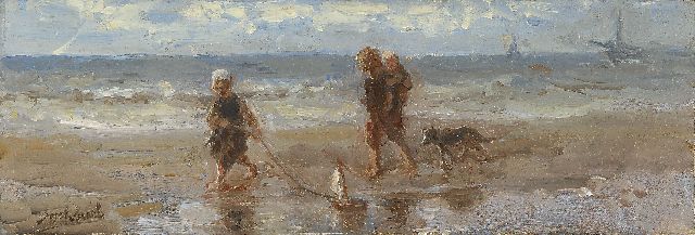 Israëls J.  | Children of the sea, oil on panel 12.9 x 37.6 cm, signed l.l.