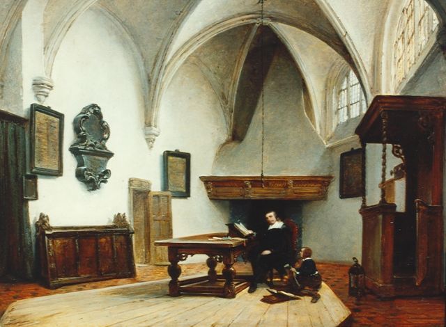 Johannes Bosboom | Consistoriekamer van de Grote Kerk, Breda, olieverf op paneel, 37,5 x 45,5 cm, gesigneerd r.o. (in schutkleur)