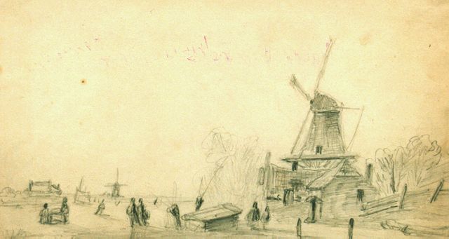 Meijier A.A. de | Skaters on the ice near a windmill, pencil on paper 20.0 x 32.3 cm