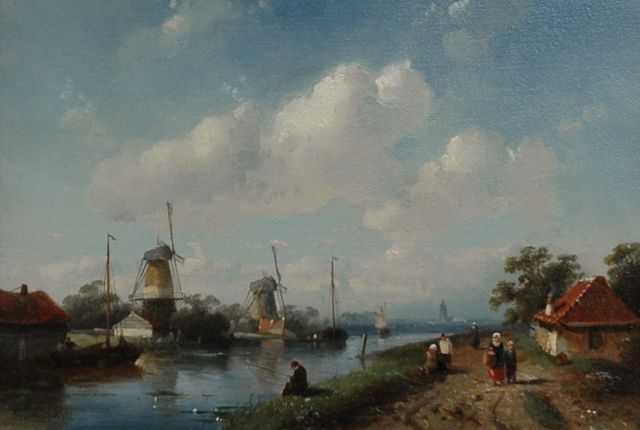 Leickert C.H.J.  | A river landscape with windmills, oil on panel 18.0 x 26.0 cm, signed l.l.