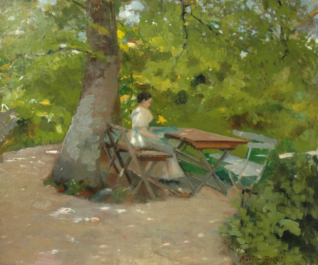 Degreef A.  | A young woman reading in the garden, oil on canvas 50.4 x 60.2 cm, signed l.r. and dated 1919