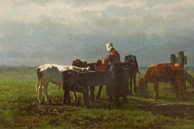 Jan de Haas | Feeding the calves, oil on panel, 22.7 x 33.0 cm, signed l.l. and dated '63