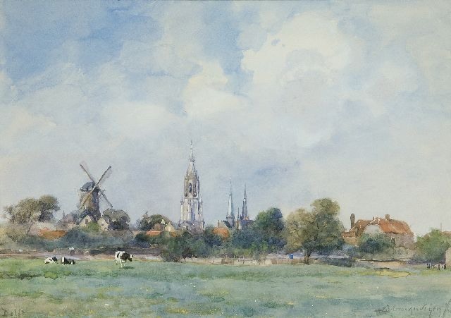 Groenewegen A.J.  | A view on Delft with the Nieuwe Kerk, watercolour on paper 24.5 x 34.5 cm, signed l.r.